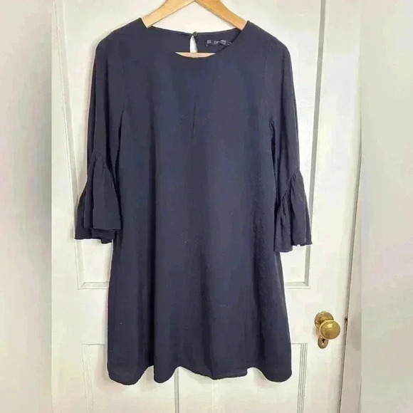 Zara Navy Blue Dress  with 3/4 Bell Ruffle Sleeves Size M - Picture 7 of 7